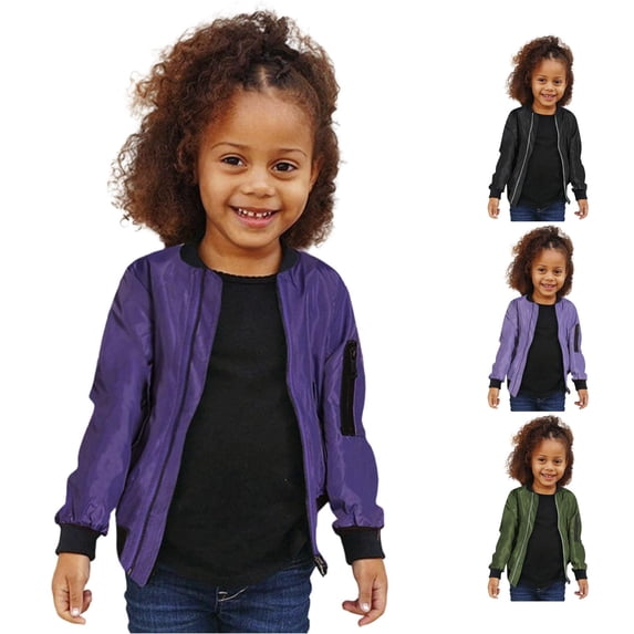 lnmuld Girls Solid Zip Up Bomber Jacket Long Sleeve Zipper Pocket Casual Outerwear Dark Purple,18-24 Months
