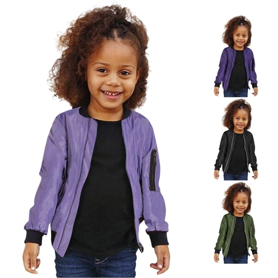 lnmuld Girls Solid Zip Up Bomber Jacket Long Sleeve Zipper Pocket Casual Outerwear Light Purple,4-5 Years
