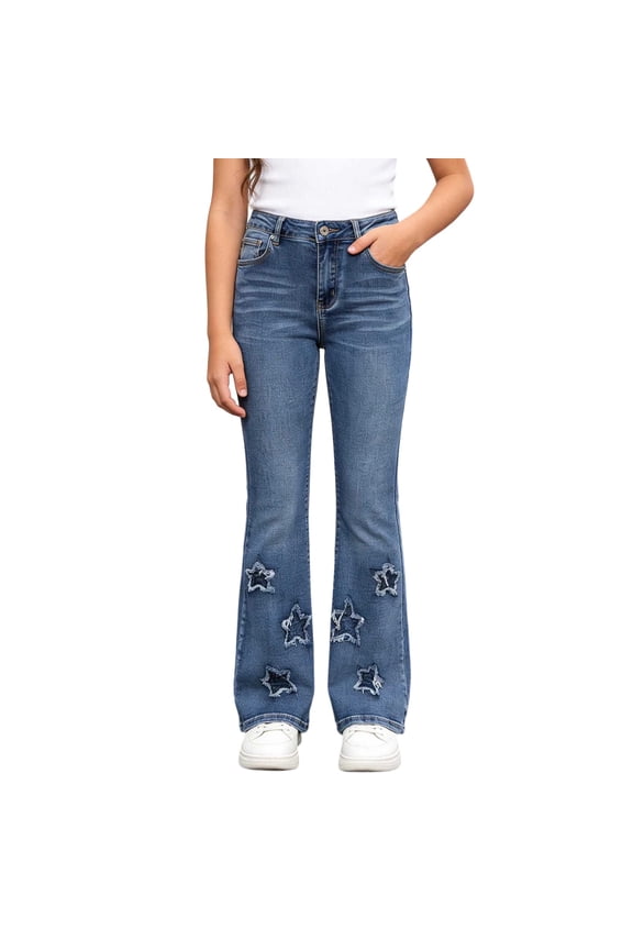 Girls Star Raw Edge Cutout Flare Jeans Button Zip High Rise Washed Slim Bootcut Denim Trousers Size:11-12 Years