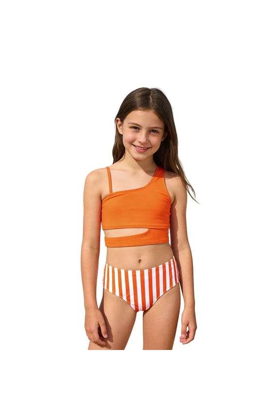 Girls Stylish One Shoulder Ruffle 2 Piece Bikini Set - Beach & Pool Party Summer Outfit Color:Orange,Size:7-8 Years