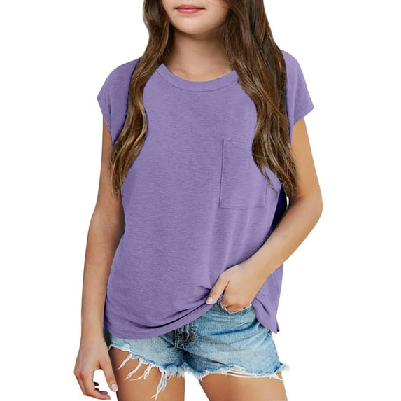 lnmuld Girls Summer Casual Comfortable Loose Fit Hooded Short Sleeve Front Pocket Tee - Home School & Beach Outings Color:Purple,Size:3-4 Years