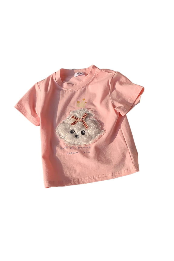 Girls Summer Casual Short Sleeve T-Shirt, Cute 3D Design Soft Round Neck Tee for Children Color:Pink,Size:9-10 Years