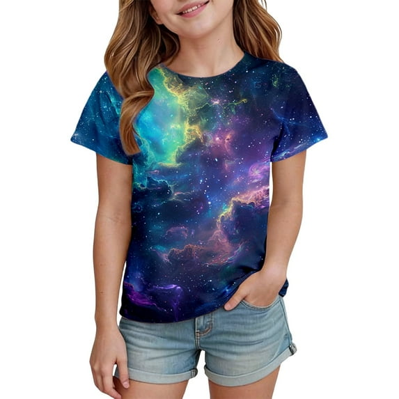 lnmuld Girls Summer Tops Celestial Star Print Short Sleeve Round Neck T-Shirt Casual Everyday Play Tee for Young Girls Size:6-7 Years