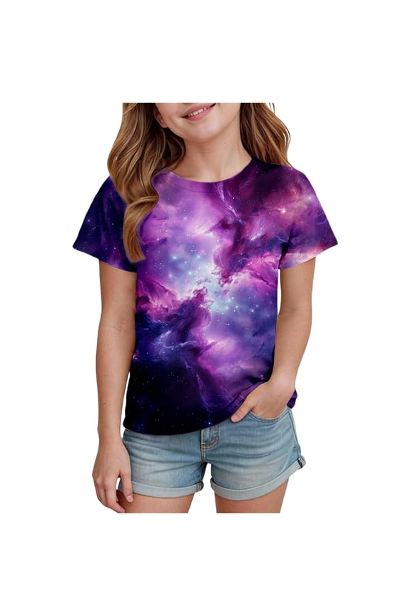 Girls Summer Tops Celestial Star Print Short Sleeve T-Shirt Casual Round Neck Everyday Play Tee Size:3-4 Years