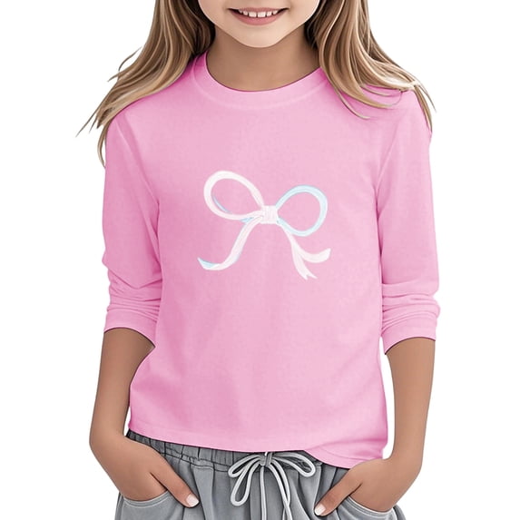 lnmuld Girls Cute Summer Tops Long Sleeve Round Neck Graphic Print Casual Top Soft Tee Shirt for Everyday Play and School Comfortable Blended Fabric Color:Pink,Size:10-11 Years