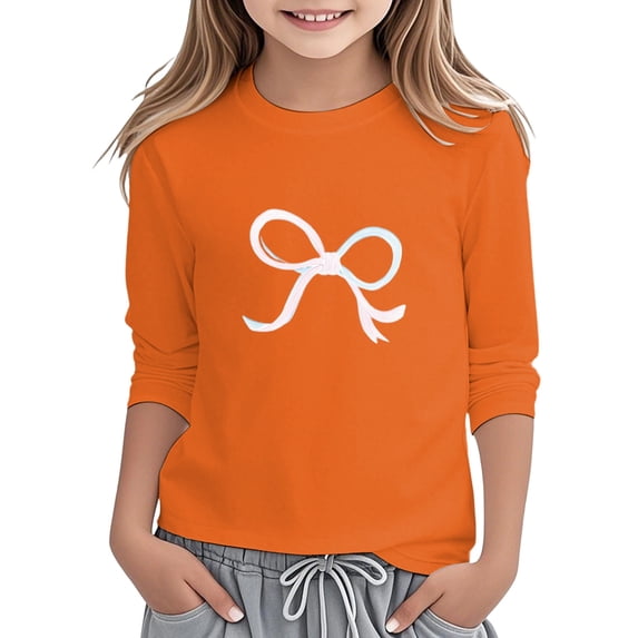 lnmuld Girls Cute Summer Tops Long Sleeve Round Neck Graphic Print Casual Top Soft Tee Shirt for Everyday Play and School Comfortable Blended Fabric Color:Orange,Size:3-4 Years