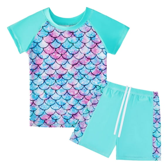 lnmuld Girls Swimsuit 2 Piece Swimwear Set Short Sleeve Top and Scale Print Shorts Childrens Bathing Suit Play Outfit Size:6-7 Years