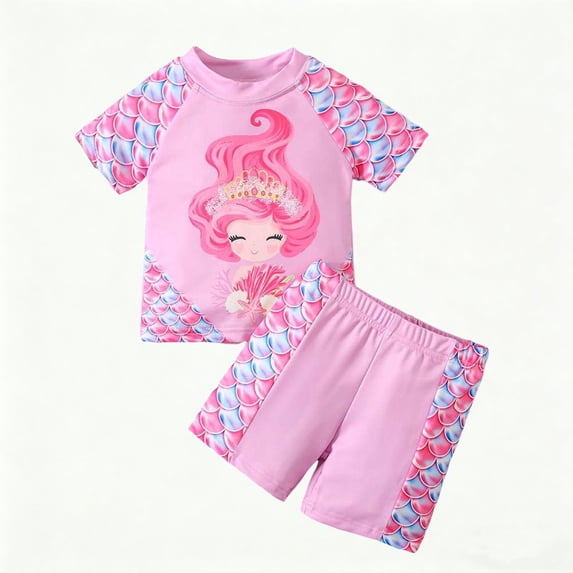 lnmuld Girls Swimsuit Set Pink Scale Print Short Sleeve Guard & Shorts Size:4-5 Years