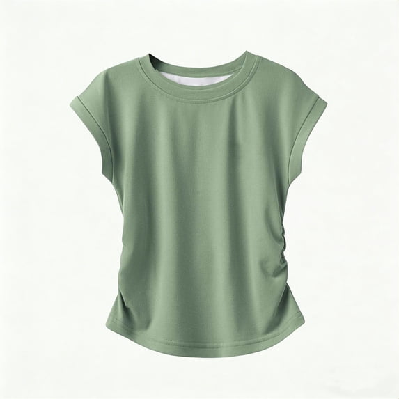 lnmuld Girls' T-Shirt Solid Black Ruched Side Cap Sleeve Crew Neck Top Size:7-8 Years