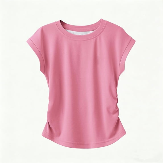 lnmuld Girls' T-Shirt Solid Black Ruched Side Cap Sleeve Crew Neck Top Size:7-8 Years