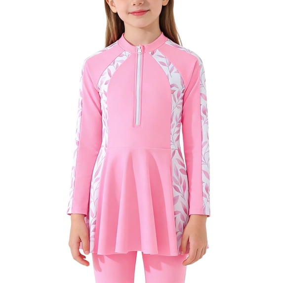 lnmuld Girls Two Piece Swimsuit Long Sleeve Rash Guard UPF 50+ Floral Print Zipper Swimwear Size:7-8 Years
