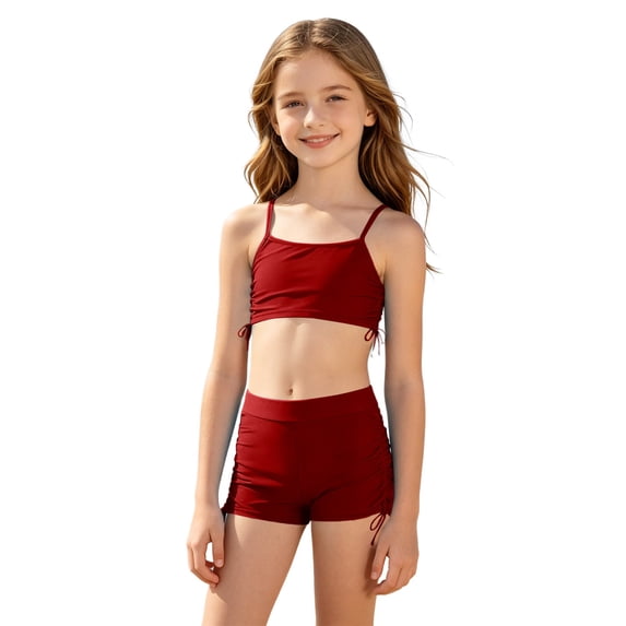 lnmuld Girls Two Piece Swimsuit with Ruched Drawstring Summer Beach Pool Size:11-12 Years