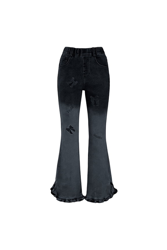 Girls Washed Embossed Pattern Flare Denim Pants Half Elastic Waist Ruffled Ankle Cuff Casual Jeans Size:5-6 Years