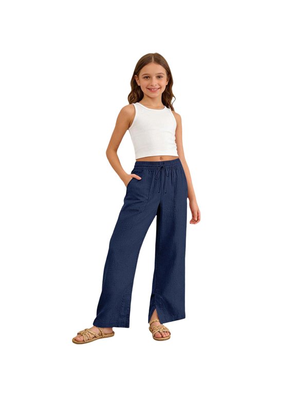lnmuld Girls Wide Leg Pants Elastic Waist Drawstring Cotton Linen Casual Trousers with Pockets Solid Kids Palazzo Pants Size:11-12 Years