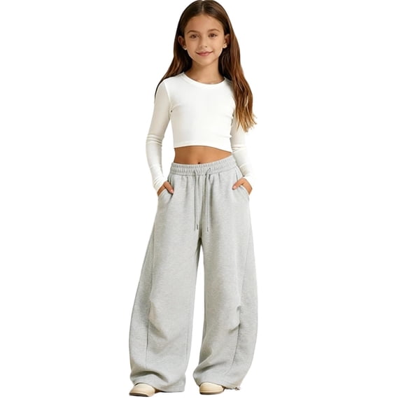 lnmuld Girls Wide Leg Sweatpants Fabric Drawstring Elastic High Waist Dual Side Pockets Soft Heavy Knit Minimal Casual Trousers Color:Light Gray,Size:14-15 Years
