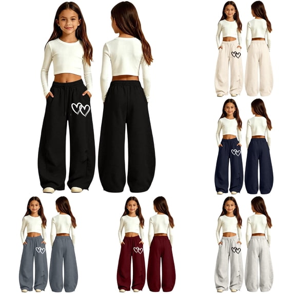 lnmuld Girls Wide Leg Sweatpants with Heart Graphic and Pockets Black,5-6 Years
