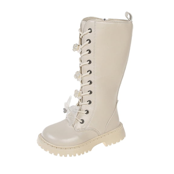 lnmuld Girls Winter Boots Solid Color Stylish Autumn Girls Casual Boots Flat Thick Sole Non Durable PU Leather Comfortable Footwear for Kids Size:9-10 Years