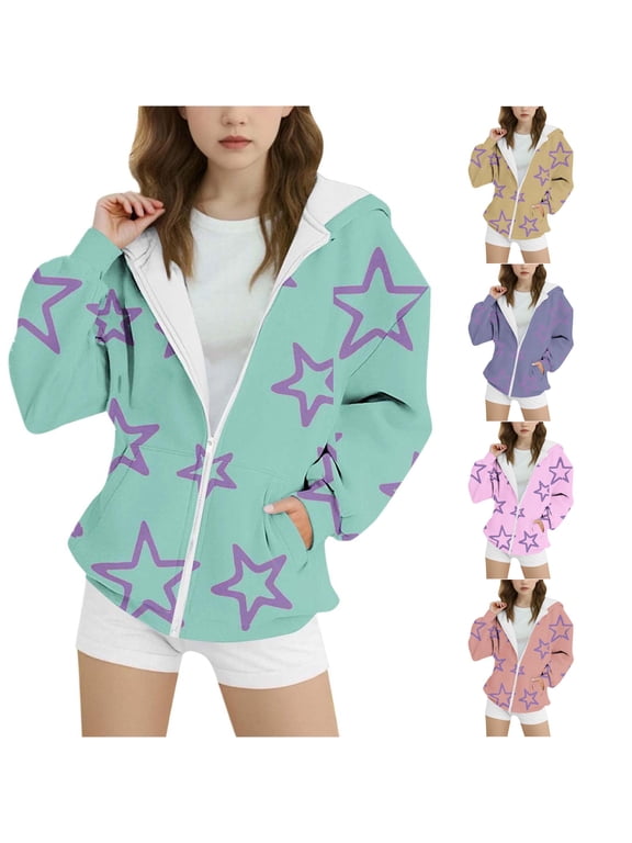 lnmuld Girls Winter Zip Up Hoodie, Star Print Long Sleeve Hooded Sweatshirt with Front Pockets Size:12-13 Years