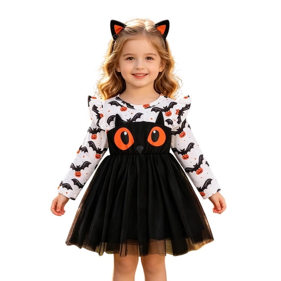 lnmuld Halloween Tutu Dress Long Sleeve Ruffle Top Bat Cat Print Cosplay Party Outfit 4-5 Years