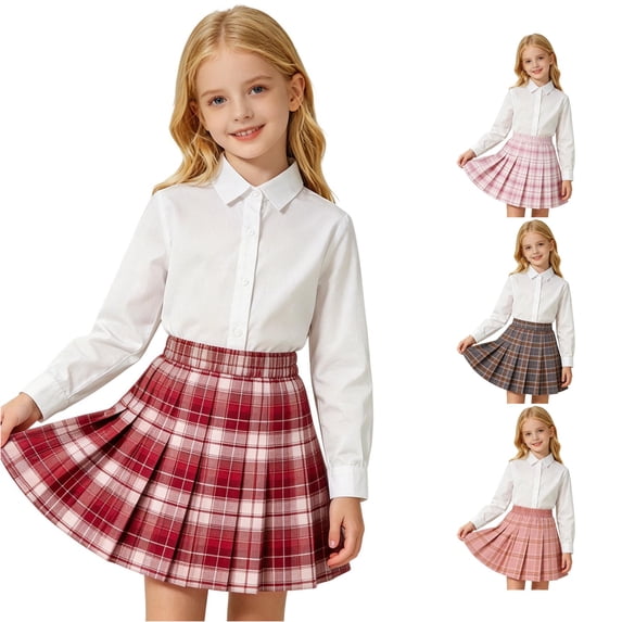 lnmuld High Waist Plaid Pleated School Uniform Skirt Casual A Line Skirt Watermelon Red,5-6 Years