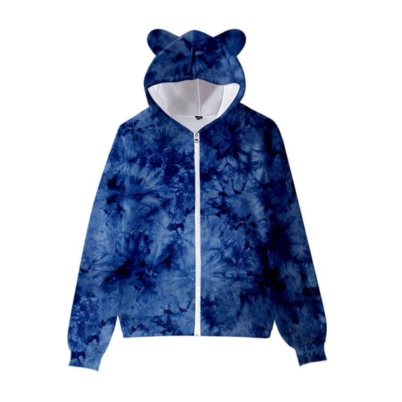 lnmuld Hoodies for Girls Solid Color Autumn and Winter Boy Tie Dye 3D Printed Cat Ears Zipper Hoodie for with Cat Ears Pullover for Girl and Boy Size:5-6 Years