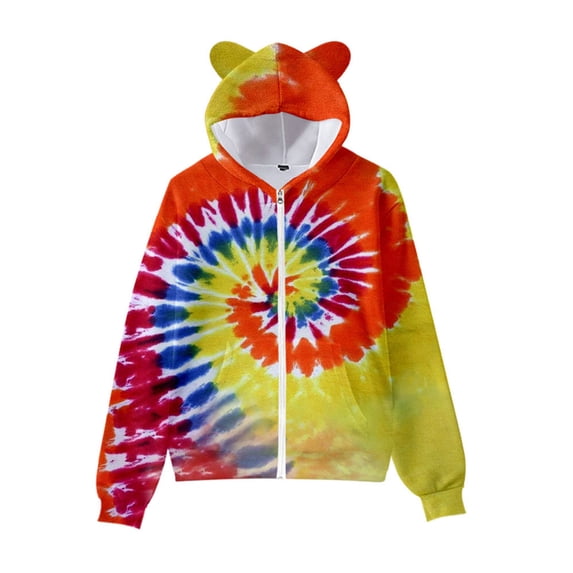 lnmuld Hoodies for Girls Solid Color Autumn and Winter Boy Tie Dye 3D Printed Cat Ears Zipper Hoodie for with Cat Ears Pullover for Girl and Boy Size:6-7 Years