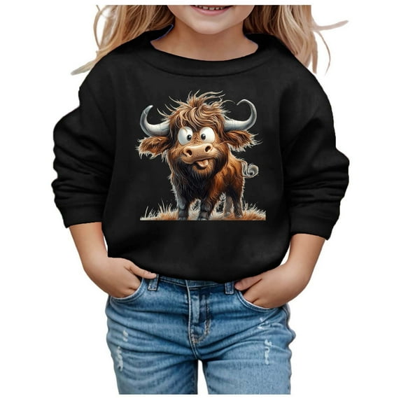 lnmuld Hoodies for Teens Solid Color Girls' Autumn and Winter Cute Cow Print Round Neck Long Sleeve Casual Hoodless Sweatshirt Size:5-6 Years