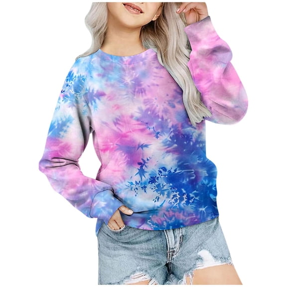 lnmuld Hoodies for Teens Solid Color Girls' Autumn and Winter Tie Dye Printed Round Neck Long Sleeved Casual Hoodless Sweatshirt Size:9-10 Years