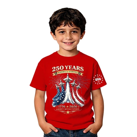 lnmuld Independence Day Boys "250 Years America Strong" Patriotic Graphic Short Sleeve T-Shirt Color:Red,Size:6-7 Years