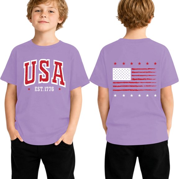 lnmuld Independence Day Kids Boys Girls Summer Casual Short Sleeve T-Shirt Patriotic USA EST 1776 Flag Print Tee for 4th of July Daily Wear Outdoor Activities Color:Purple,Size:4-5 Years