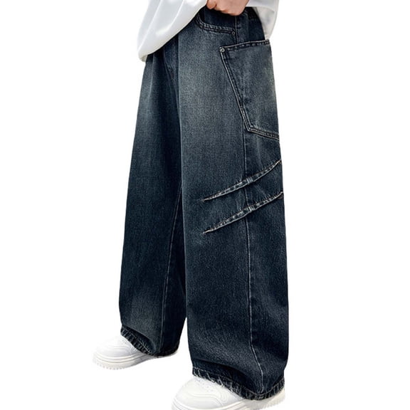 lnmuld Jeans for Boys Casual Straight Leg Denim Trousers Loose Fit Wide Leg Comfortable Durable Jeans for Big Kids Teenagers School Play Everyday Wear Size:9-10 Years