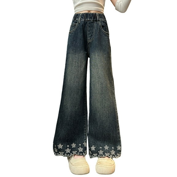 lnmuld Jeans for Girls Stylish Girls Denim Trousers with Comfortable Elastic Waistband and Functional Cargo Pockets for Everyday Casual Wear Size:11-12 Years