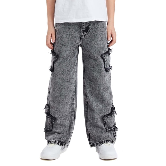lnmuld Jeans for Boys Star Patchwork Denim Pants for Teen Boys and Girls Loose Fit Wide Leg Jeans Casual Streetwear Size:10-11 Years