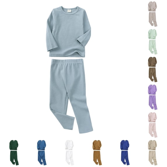 lnmuld Kids 2 Piece Pajama Set Solid Crew Neck Long‑Sleeve Pullover Top with Elastic Waist Long Pants Sleepwear Loungewear Outfit Light Blue,6-7 Years