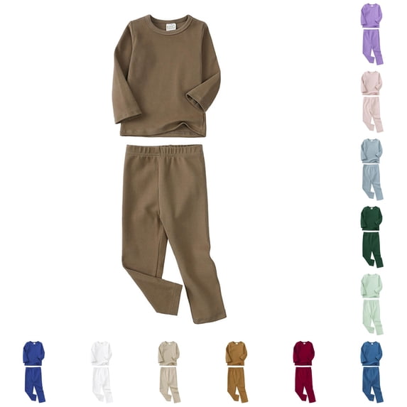 lnmuld Kids 2 Piece Pajama Set Solid Crew Neck Long‑Sleeve Pullover Top with Elastic Waist Long Pants Sleepwear Loungewear Outfit Brown,6-7 Years