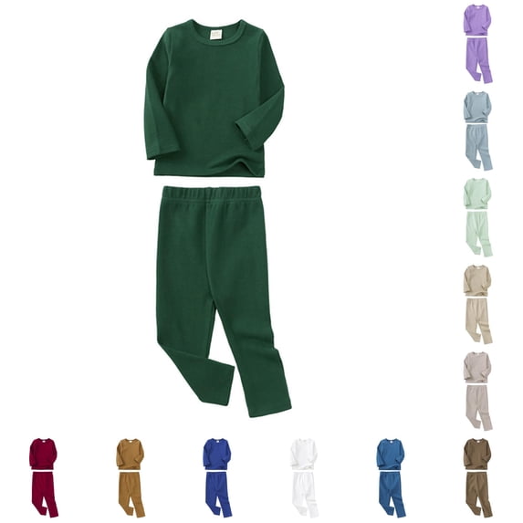lnmuld Kids 2 Piece Pajama Set Solid Crew Neck Long‑Sleeve Pullover Top with Elastic Waist Long Pants Sleepwear Loungewear Outfit Green,9-12 Months