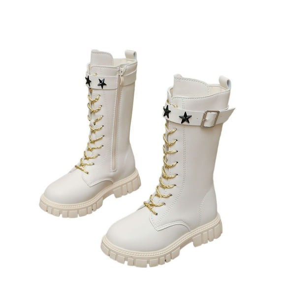 lnmuld Kids Boots Stylish Korean Girls Ankle Boots Featuring Star Belt Buckle and Gold Laces for Party Events Daily Outfits Size:6-7 Years