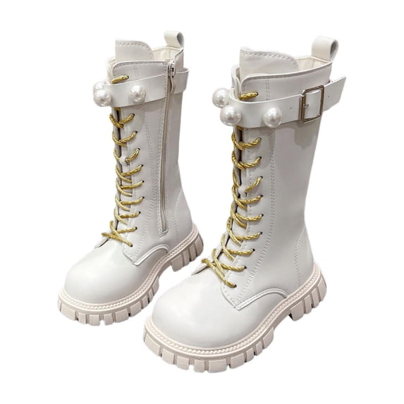 lnmuld Kids Boots Winter Autumn Girls Fashion Boots with Pearl Buckle and Golden Laces High Top Footwear for Toddler Kids Youth Teen Size:10-10.5 Years