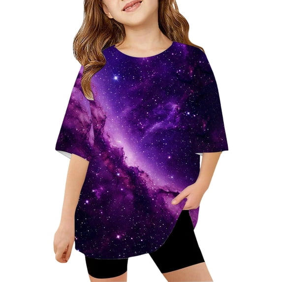 lnmuld Kids Boys Girls Galaxy Print Short Sleeve Crew Neck Graphic Tee Casual Loose Fit Top Size:8-9 Years