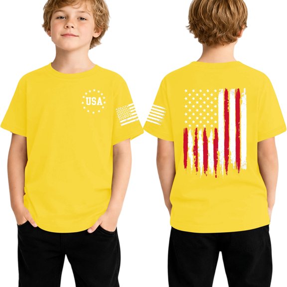 lnmuld Kids Boys Girls Summer Casual Short Sleeve T-Shirt Patriotic Print Tee for 4th of July Independence Day Daily Wear Outdoor Activities Color:Yellow,Size:6-7 Years