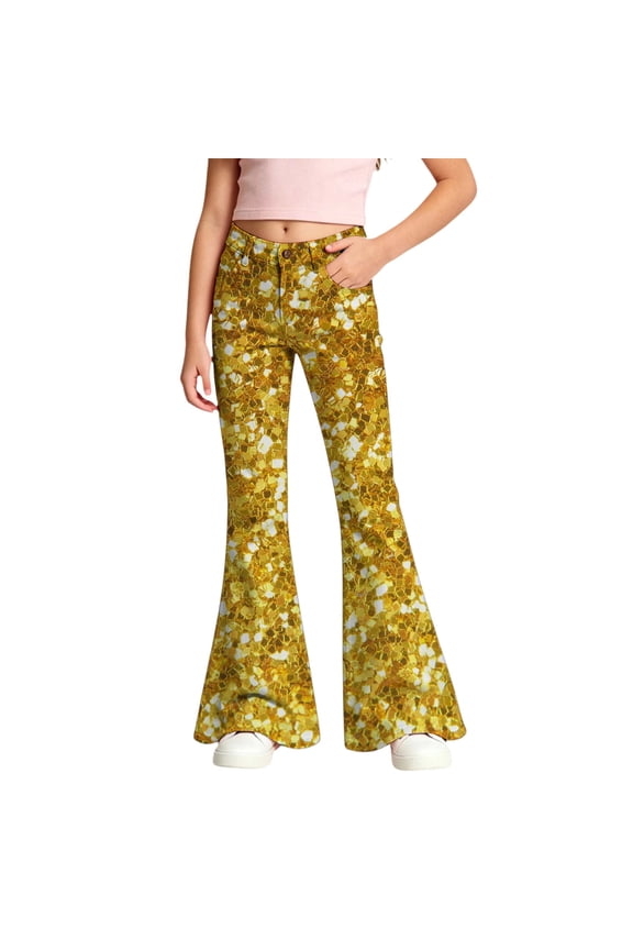 lnmuld Kids Button Fly Golden Glitter Tile Print Flared Pants Gold,13-14 Years