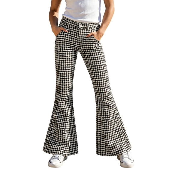 lnmuld Kids Button Fly Vintage Houndstooth Print High Waist Flared Pants Light Gray,7-8 Years