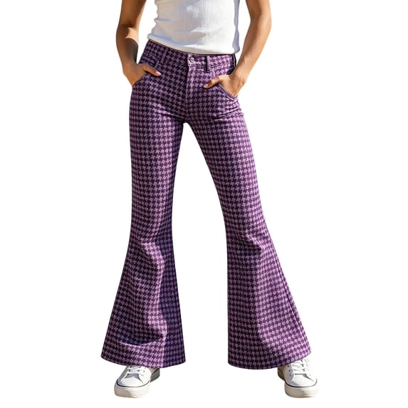 lnmuld Kids Button Fly Vintage Houndstooth Print High Waist Flared Pants Purple,9-10 Years