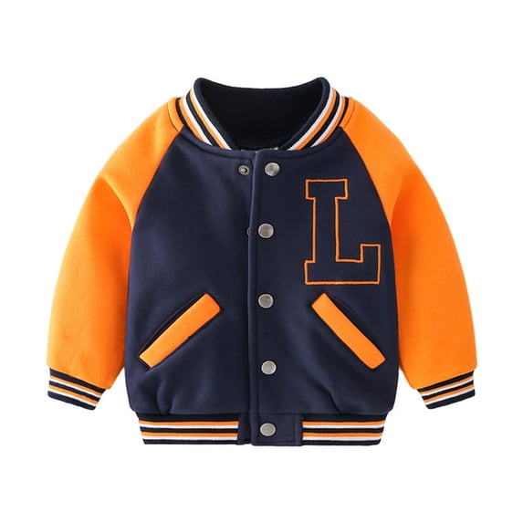 lnmuld Kids Color Block Varsity Jacket Letter Embroidery Snap Front Striped Rib Cuffs Long Sleeve Outerwear Navy,2-3 Years