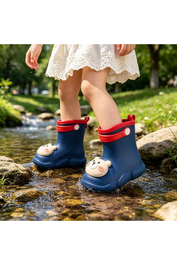Kids Cute 3D Bear Waterproof Rain Boots, Non- Toddler Rain Shoes with Easy Pull Tab Color:Navy,Size:2-2.5 Years