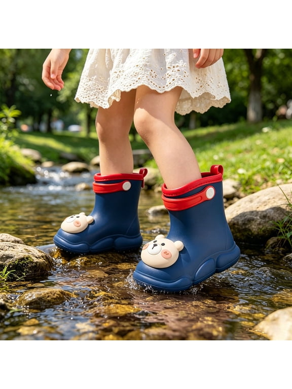 Kids Cute 3D Bear Waterproof Rain Boots, Non- Toddler Rain Shoes with Easy Pull Tab Color:Navy,Size:3-3.5 Years