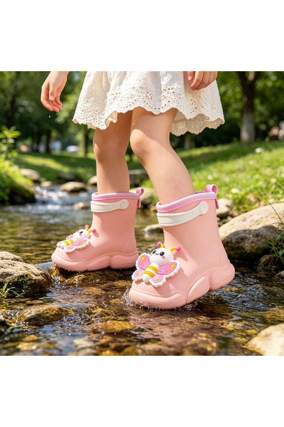 Kids Cute 3D Butterfly Bee Waterproof Rain Boots, Non- Toddler Rain Shoes with Easy Pull Tab Color:Pink,Size:6-7 Years