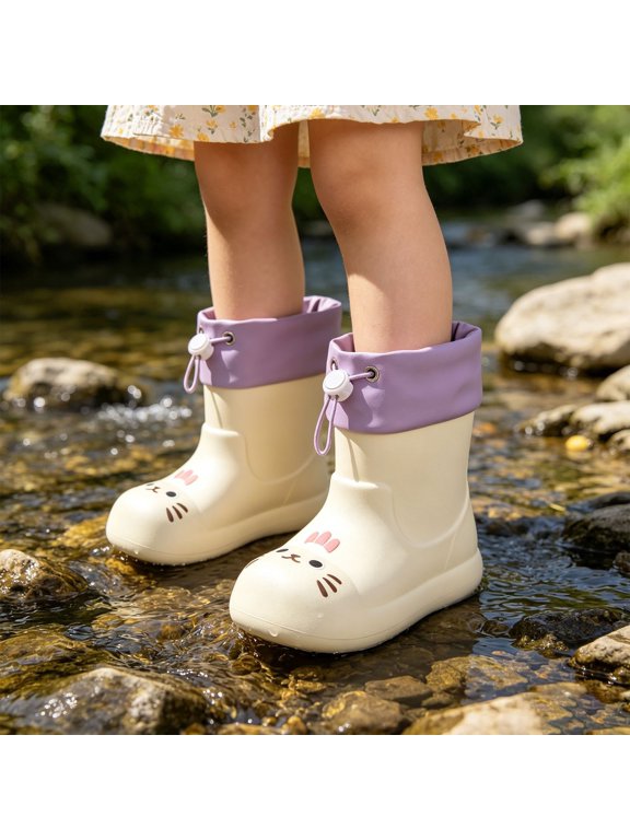 Kids Cute Cat Face Rain Boots, Waterproof Non- Wellies Color:White,Size:4-4.5 Years
