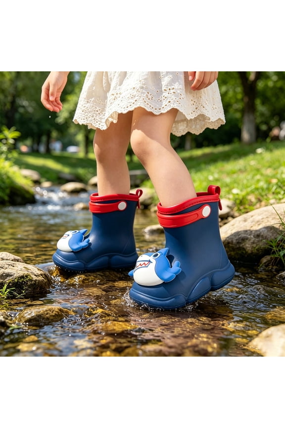 Kids Cute Shark 3D Waterproof Rain Boots, Non- Toddler Rain Shoes with Easy Pull Tab Color:Blue,Size:2-2.5 Years
