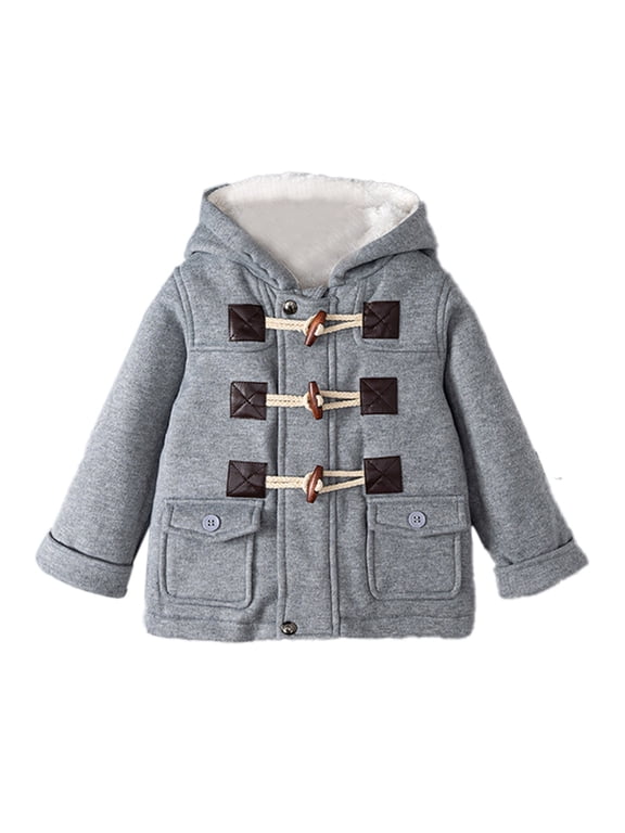 lnmuld Kids Fleece Lined Hooded Duffle Coat Toggle Button Closure Outerwear with Flap Pockets Size:4-5 Years